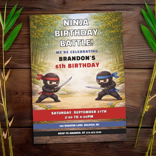 Speelse Ninjabattle Bamboebos Kinderverjaardag Kaart