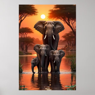 Speelse olifantenkudde bij het Riverbank Poster -