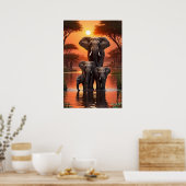 Speelse olifantenkudde bij het Riverbank Poster - (Keuken)