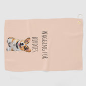 Speelse Opgewekte Corgi 'Kwispelend voor Birdies' Golfhanddoek (Horizontaal)