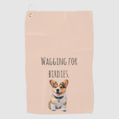 Speelse Opgewekte Corgi 'Kwispelend voor Birdies' Golfhanddoek (Voorkant)