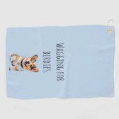Speelse Opgewekte Corgi 'Kwispelend voor Birdies' Golfhanddoek (Horizontaal)
