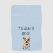 Speelse Opgewekte Corgi 'Kwispelend voor Birdies' Golfhanddoek (Voorkant)