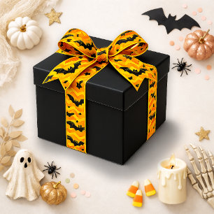 Speelse Oranje Chevron Vleermuis Halloween Patroon Satijnen Lint