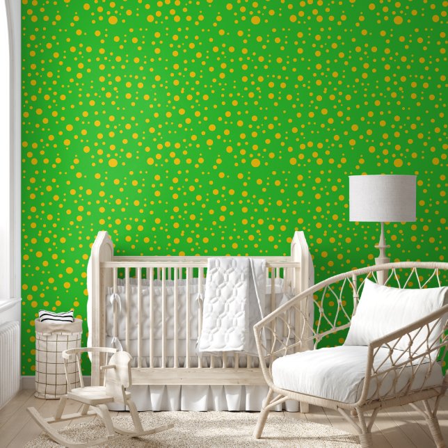 Speelse Oranje Stippen op Lime Green Dotted Behang (Kinderen)