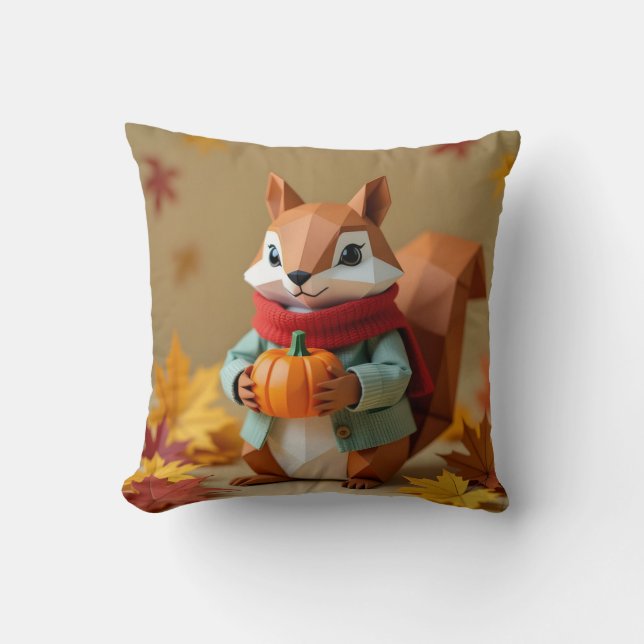 Speelse Origami Eekhoorn met pompoen | Herfst gooi Kussen (Voorkant)