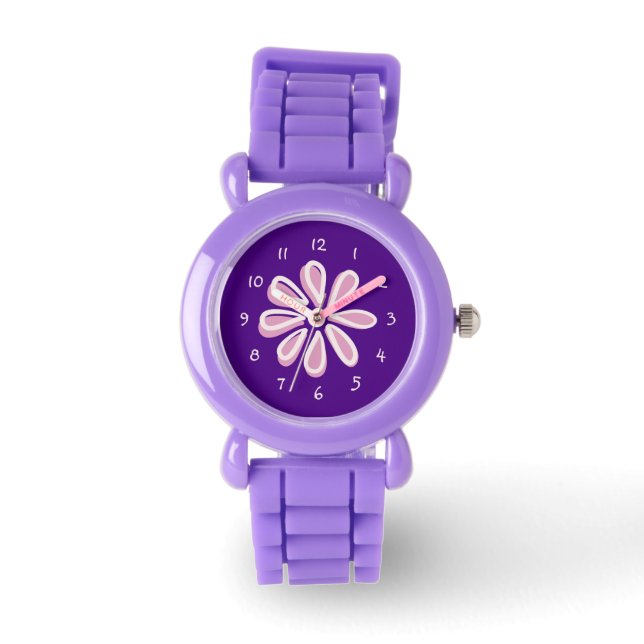 Speelse Paarse bloemendoedel Horloge (Voorkant)