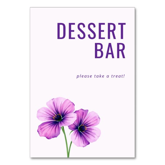 Speelse paarse bloemige dessertbar bord kaart (Voorkant)