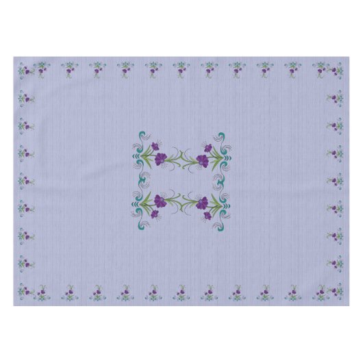 Speelse Paarse Flower w / Tumbling Blauwgroen werv Tafelkleed (Voorkant (Horizontaal))