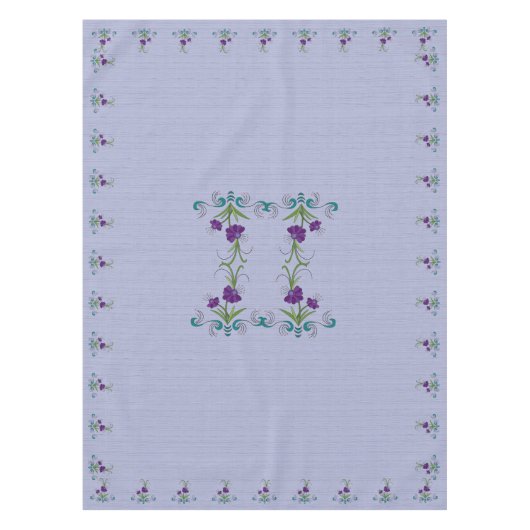 Speelse Paarse Flower w / Tumbling Blauwgroen werv Tafelkleed (Voorkant)