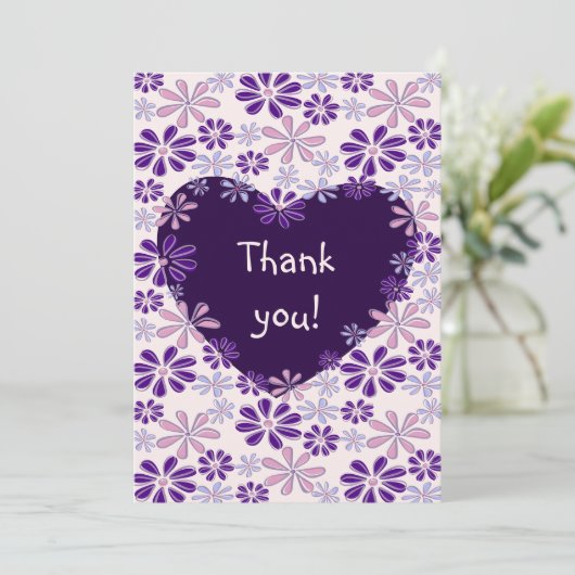 Speelse Paarse Roze Bloem Hart Bedankkaart (Staand voorkant)