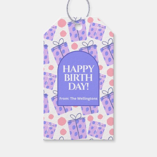 Speelse Paarse Stippen Cadeau Dozen Verjaardag Cadeaulabel (Voorkant)