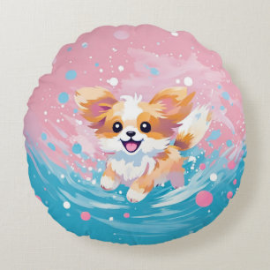 Speelse Papillon Pup: Spetters Roze en Blauw Rond Kussen