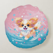Speelse Papillon Pup: Spetters Roze en Blauw Rond Kussen (Achterkant)
