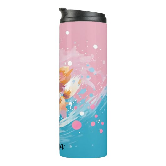 Speelse Papillon Pup: Spetters Roze en Blauw Thermosbeker (Geroteerd rechts)