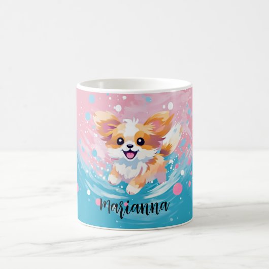 Speelse Papillon Pup: Spetters van Roze en Blauw Koffiemok (Center)
