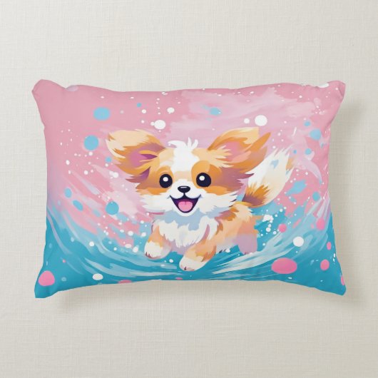 Speelse Papillon Pup: Splash of Pink and Blue Accent Kussen (Voorkant)