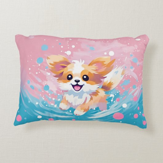 Speelse Papillon Pup: Splash of Pink and Blue Accent Kussen (Achterkant)