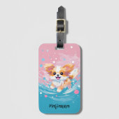 Speelse Papillon Pup: Splash of Pink and Blue Bagagelabel (Voorkant (verticaal))
