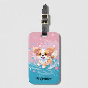 Speelse Papillon Pup: Splash of Pink and Blue Bagagelabel