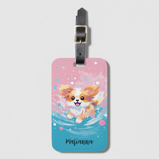 Speelse Papillon Pup: Splash of Pink and Blue Bagagelabel (Voorkant (verticaal))