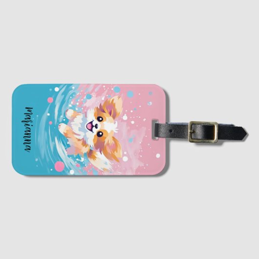 Speelse Papillon Pup: Splash of Pink and Blue Bagagelabel (Voorkant (horizontaal))