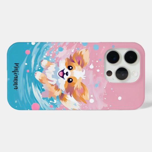 Speelse Papillon Pup: Splash of Pink and Blue Case-Mate iPhone Case (Achterkant (horizontaal))