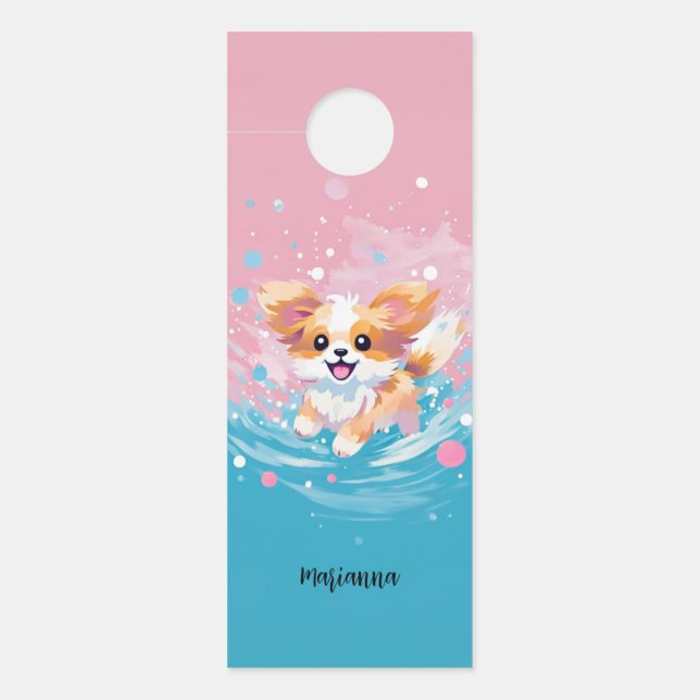 Speelse Papillon Pup: Splash of Pink and Blue Deurhanger (Voorkant)