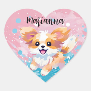 Speelse Papillon Pup: Splash of Pink and Blue Hart Sticker