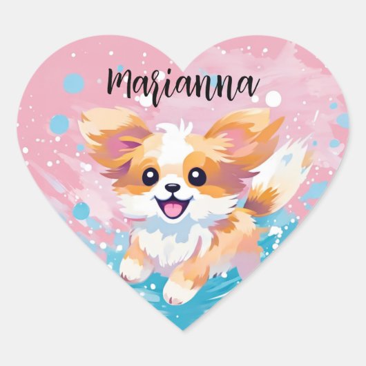 Speelse Papillon Pup: Splash of Pink and Blue Hart Sticker (Voorkant)