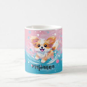 Speelse Papillon Pup: Splash of Pink and Blue Koffiemok