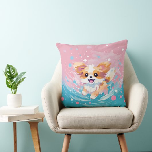 Speelse Papillon Pup: Splash of Pink and Blue Kussen (Stoel)