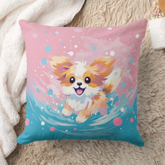 Speelse Papillon Pup: Splash of Pink and Blue Kussen (Deken)