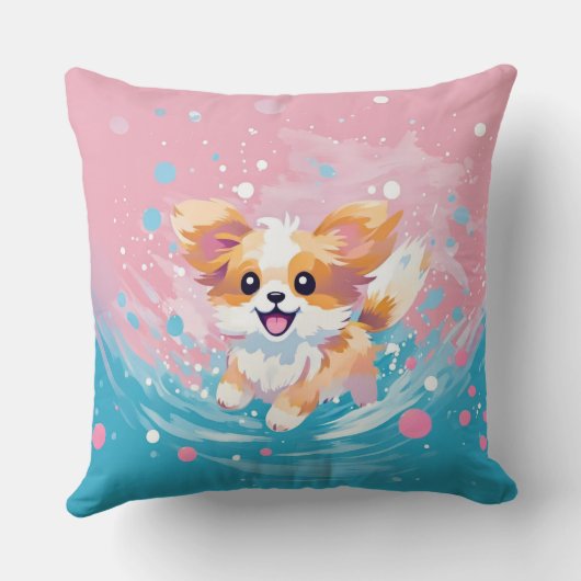 Speelse Papillon Pup: Splash of Pink and Blue Kussen (Achterkant)