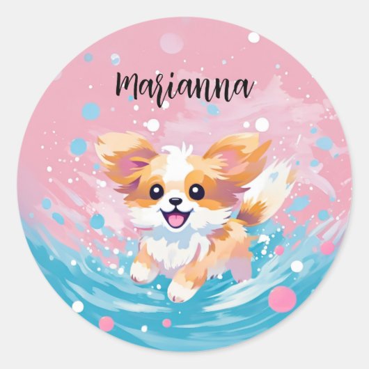 Speelse Papillon Pup: Splash of Pink and Blue Ronde Sticker (Voorkant)