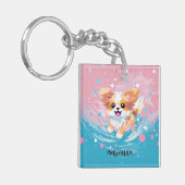 Speelse Papillon Pup: Splash of Pink and Blue Sleutelhanger (Voorkant Links)