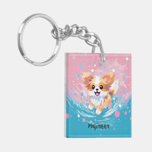 Speelse Papillon Pup: Splash of Pink and Blue Sleutelhanger (Voorkant Links)