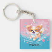 Speelse Papillon Pup: Splash of Pink and Blue Sleutelhanger (Voorkant)