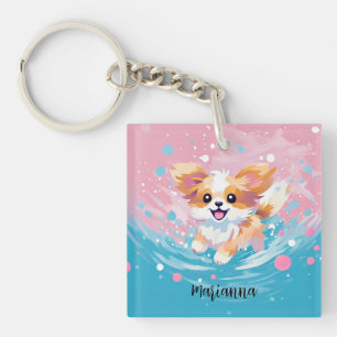 Speelse Papillon Pup: Splash of Pink and Blue Sleutelhanger