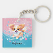 Speelse Papillon Pup: Splash of Pink and Blue Sleutelhanger (Achterkant)
