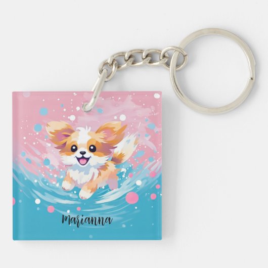 Speelse Papillon Pup: Splash of Pink and Blue Sleutelhanger (Achterkant)