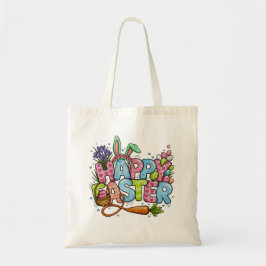 Speelse Pasen Kunst met Konijnenoren en Bloemen Tote Bag