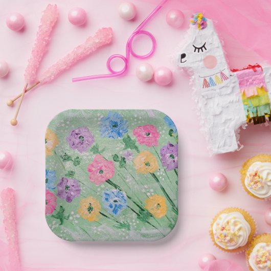 Speelse Pastel Bloemen, 7" Vierkante Papieren Bord (Feest)