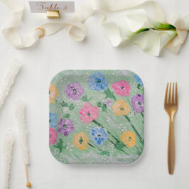 Speelse Pastel Bloemen, 7" Vierkante Papieren Bord