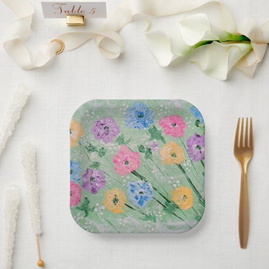 Speelse Pastel Bloemen, 7" Vierkante Papieren Bord (Huwelijk)