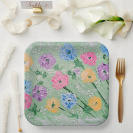 Speelse Pastel Bloemen, 9" Vierkante Papieren Bord