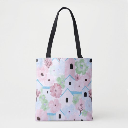Speelse Pastel Bloemmotief Tote Bag (Voorkant)