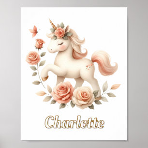 Speelse pastel eenhoorn met rozen poster