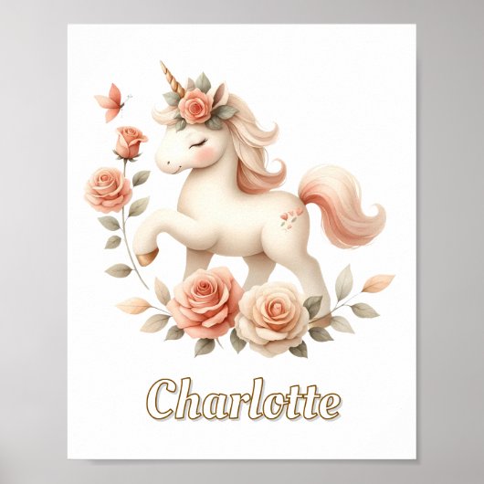 Speelse pastel eenhoorn met rozen poster (Voorkant)