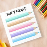 Speelse pastelkleurige potloden vergeet niet notitieblok<br><div class="desc">Laat je creativiteit de vrije loop en mis nooit een opdracht met dit speelse en aanpasbare notitieblok. Dit notitieblok is versierd met een rij pastelpotloden in rustgevende tinten en nodigt u uit om notities op te nemen met een vleugje grilligheid. De "DON’T FORGET" header in een casual script voegt een...</div>